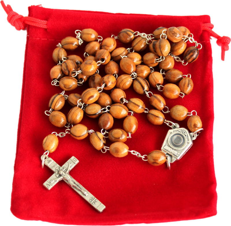 Holy Land Market Olive Wood Hand Made Rosary with Jordan River Water Center and Metal Crucifix