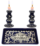 Holy Land Market Shabbat Candlesticks Set - Colorful Ceramic Shabbat Candle Holders Set with Matching Plate for Holidays