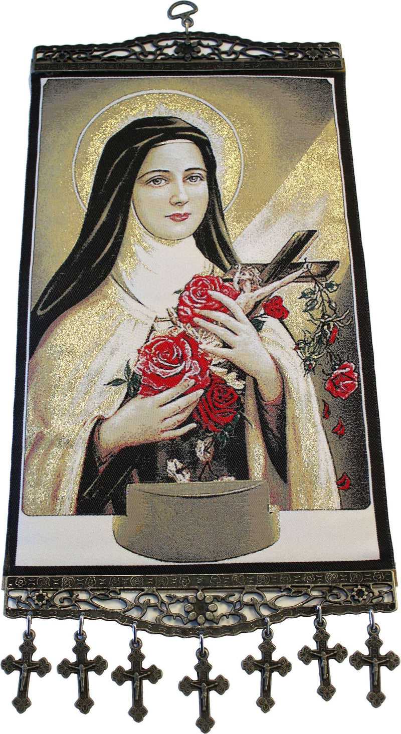 Tapestry of Saint Therese holding red roses and a wooden crucifix