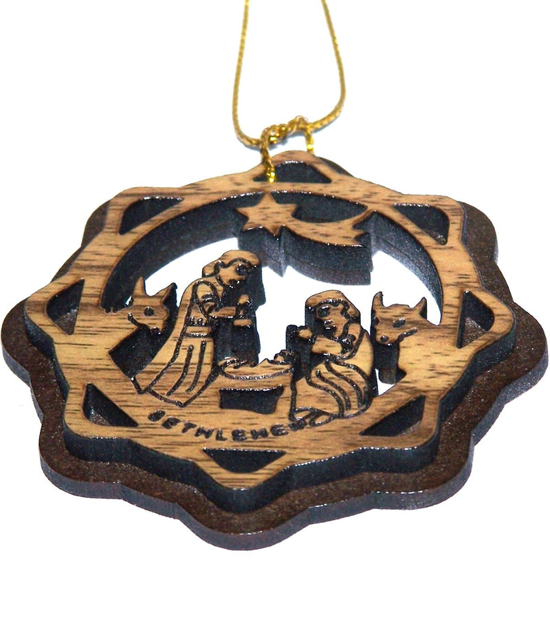 Two Layers Mahogany with Olive wood Holy Family Nativity scene Ornament gift carved by Laser - Olive wood (6 cm or 2.4 inch with certificate) and gold string