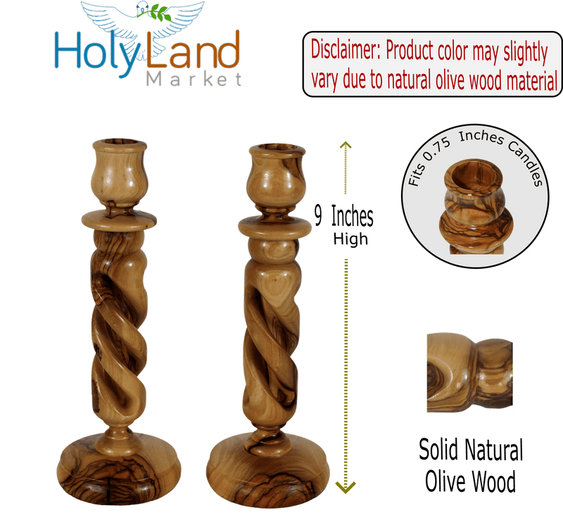 Holy Land Market Olive Wood Candle Holder Sticks - 9 Inch Taper Candle Holders, Hand Carved in Bethlehem, Inspirational Natural Swirl Grain, Christian Family Craftsmanship, 0.75 Inch Cup