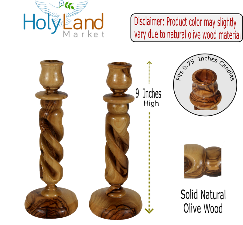Holy Land Market Olive Wood Candle Holder Sticks - 9 Inch Taper Candle Holders, Hand Carved in Bethlehem, Inspirational Natural Swirl Grain, Christian Family Craftsmanship, 0.75 Inch Cup
