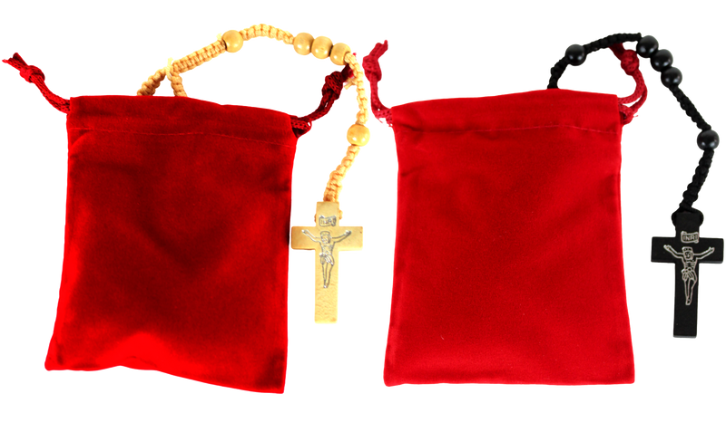 Pair of Black and Beige Wooden Rosaries with Two Velvet Bags - Colored Wooden Beads Rosary Necklaces with Jesus Imprint Cross