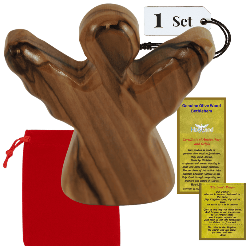 Single olive wood angel with one red velvet pouch and certificate, 1 Set tag