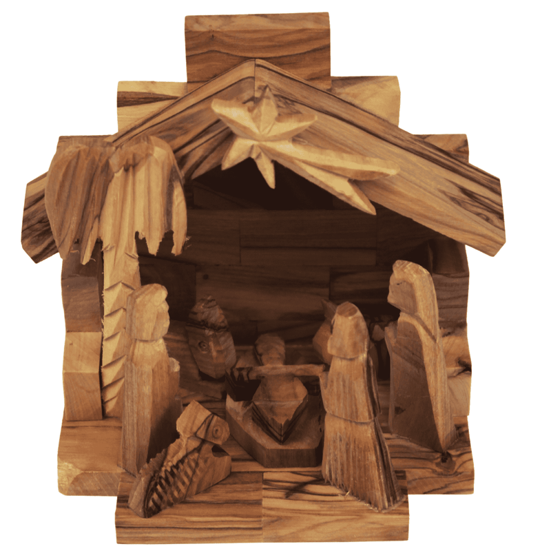 Juego de Natividad de madera de olivo del Mercado de Tierra Santa - Juego de Navidad de una pieza pequeña, 11.4 cm de alto, incluye a José, María y el Niño Jesús
