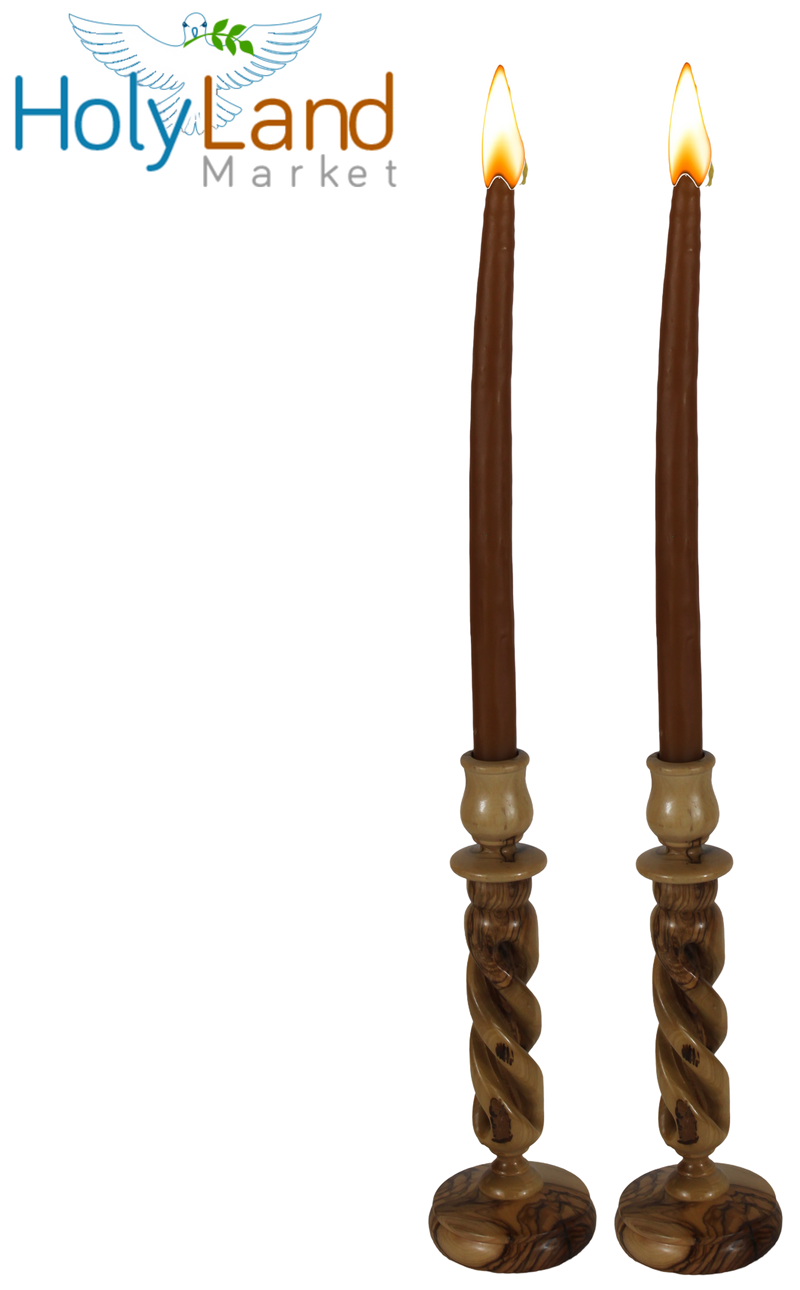 Holy Land Market Olive Wood Candle Holder Sticks - 9 Inch Taper Candle Holders, Hand Carved in Bethlehem, Inspirational Natural Swirl Grain, Christian Family Craftsmanship, 0.75 Inch Cup