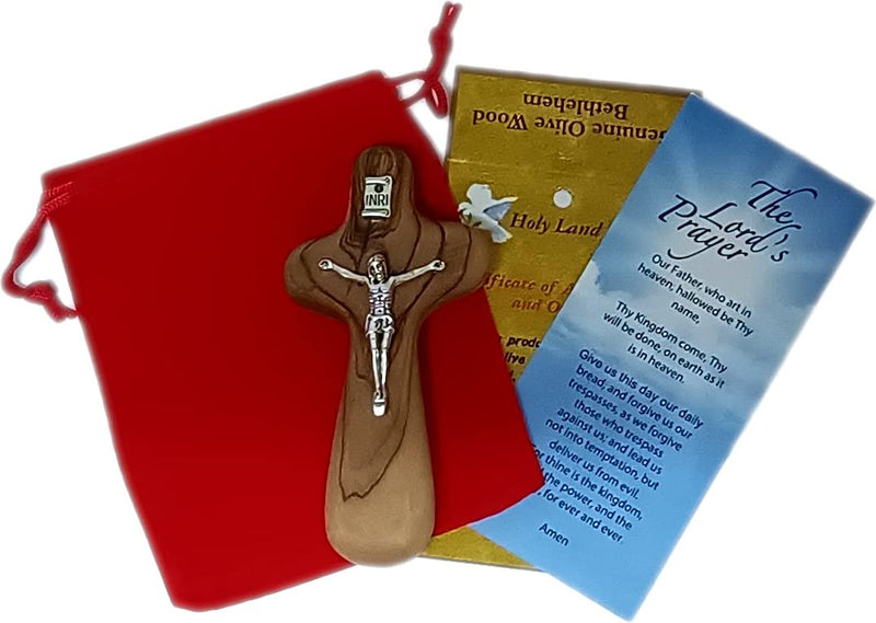 Holy Land Market Catholic Hand Held Holding Comfort Crucifix - with bag and Cards ( 4 Inches )