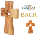 Wooden Pocket Cross - Bethlehem Olive Wood - 3-in-1 Design: Standing, Hanging, or Holding - Hand-Carved Silhouette - Includes Velvet Pouch, Prayer Card, & Certificate ( 4.2 Inches )