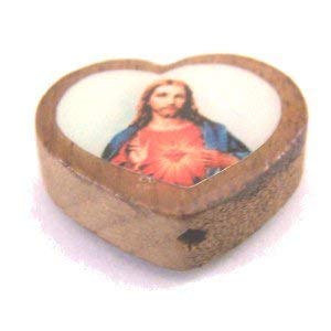 Sacred Heart wooden medal - enamel heart (18x16mm -0.7x0.6")