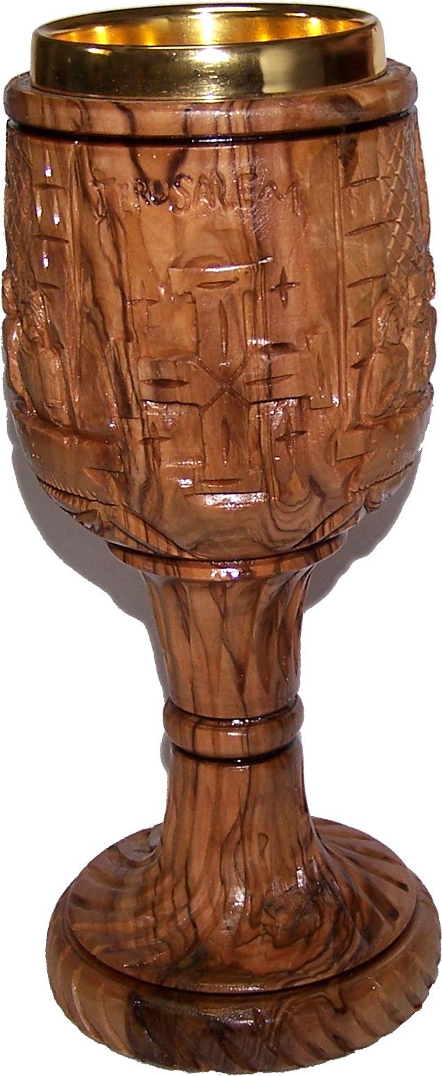 Holy Land Market Goblet - Last Supper Carved Chalice - Dark Olive Wood (8.8 Inches Large) - Cup Insert (4 Ounces Capacity)