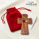 Wooden Pocket Cross - Bethlehem Olive Wood - 3-in-1 Design: Standing, Hanging, or Holding - Hand-Carved Heart Silhouette - Includes Velvet Pouch, Prayer Card, & Certificate (4.2 Inches)