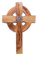 Holy Land Market 6" Celtic Olive Wood Wall Crucifix – Handmade in Bethlehem with Metal Saint Benedict Medal (Front & Back), Certificate, Prayer Card & Medal Explanation – Solid Olive Wood Cross