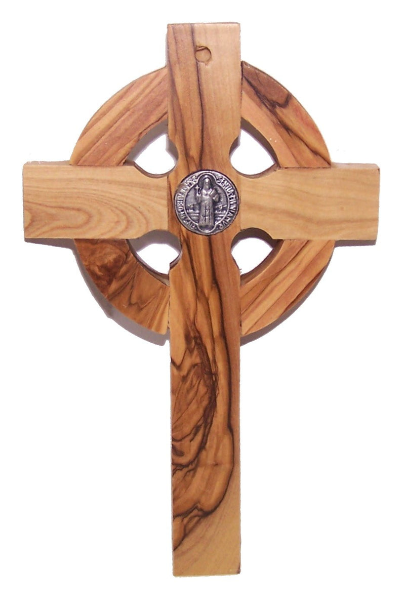 Holy Land Market 6" Celtic Olive Wood Wall Crucifix – Handmade in Bethlehem with Metal Saint Benedict Medal (Front & Back), Certificate, Prayer Card & Medal Explanation – Solid Olive Wood Cross