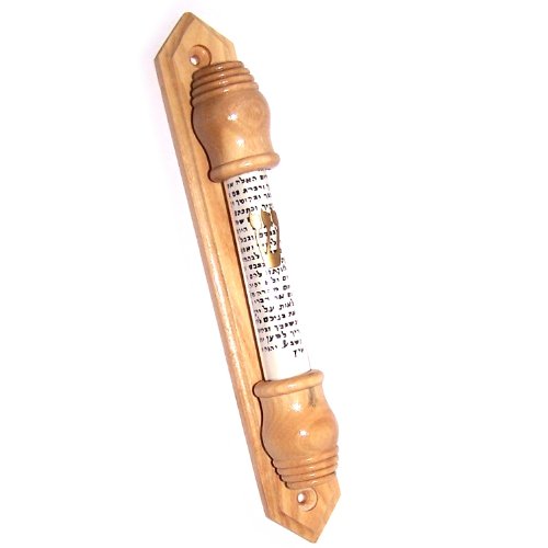 Holy Land Market Gold Shin with Sealed Glass in Olive Wood Mezuzah (19cm or 7.5 inches) Comes with Scroll Inside