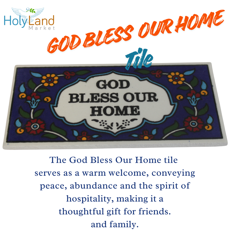 Holy Land Market God Bless Our Home Painted Tile from Jerusalem - 6x3 Inches - Asfour Outlet Trademark