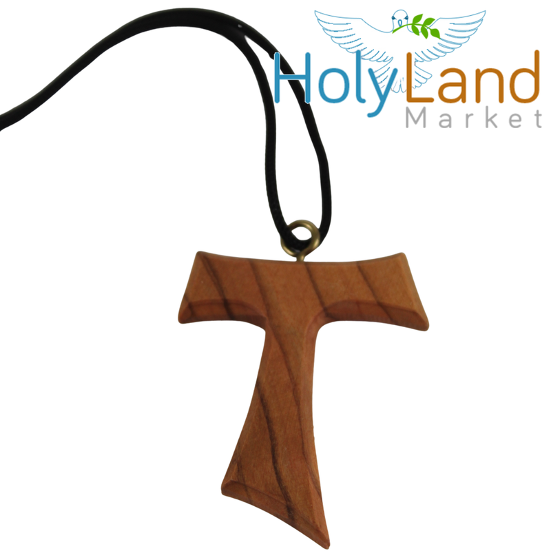 Holy Land Market Hand-Carved Olive Wood Tau Cross Necklace from Bethlehem – Made by Christian Artisans in the Holy Land, with Certificate of Authenticity & Lord’s Prayer Card – Wearable Pendant with 70cm Cord