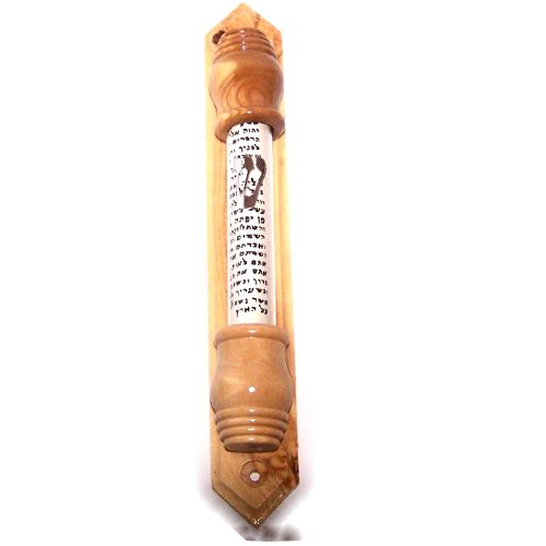 Holy Land Market Silver Shin with Sealed Glass in Olive Wood Mezuzah (19cm or 7.5 inches) fit up to 4 Inch Klaf