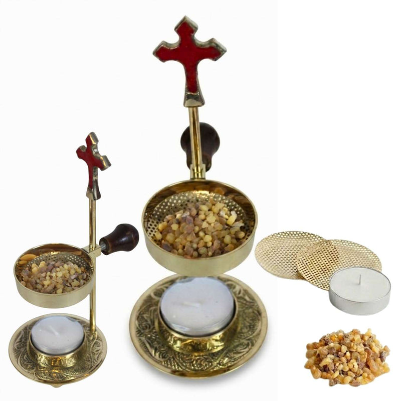 Mercado de Tierra Santa incensario pedestal de bronce griego ligero con bandeja - (15cm o 6 pulgadas de alto)