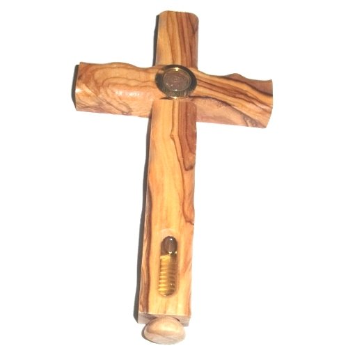 Olive wood Cross with Holy Land Soil and Jordan River water (6.5 inches) - Olive wood with Certificate
