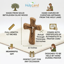 Large Olive Wood Hand or Palm Cross Carved by Christians from Bethlehem , the Birth place of our Lord Jesus, Crucifix with Corpus Carved Through 4.7 Inches, thick and carved from both sides ergonomic grip in your hand.