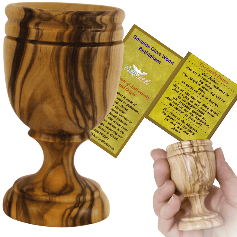 Copa de vino de comunión del Mercado de Tierra Santa - Madera de olivo-MED (3 pulgadas de alto). Gran detalle y trabajo en cada uno.