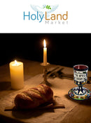 Holy Land Market Jerusalem View Ceramic Kiddush Cup Set with Matching Plate, Traditional Design, 7 oz Wine Goblet for Shabbat and Seder, 5.5 inch