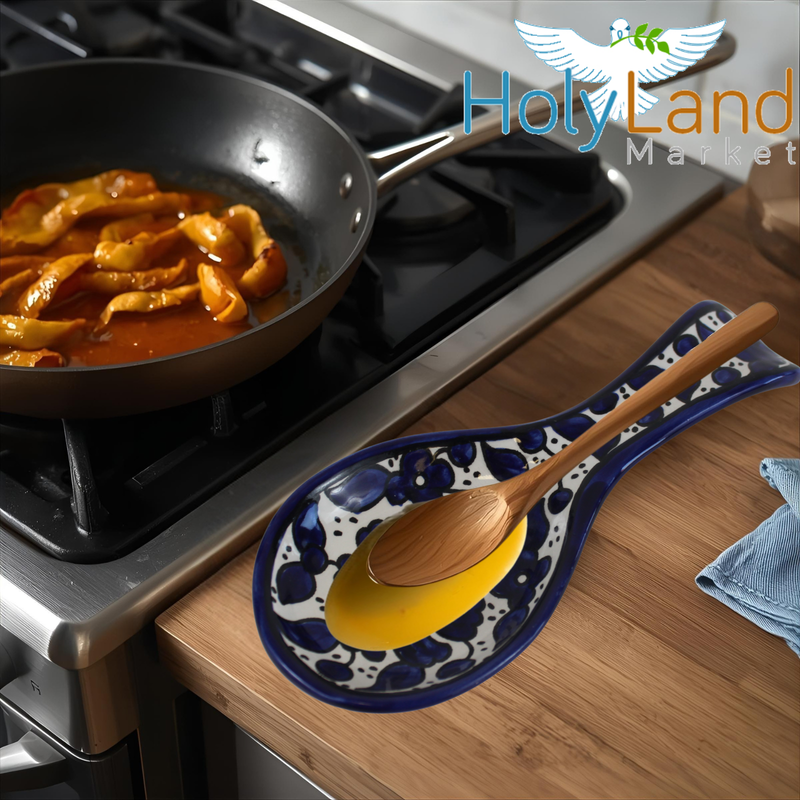Armenian hand painted cooking Spoon Rest/Ladle Holder - Large with deep Round Cup part - Asfour Outlet Trademark