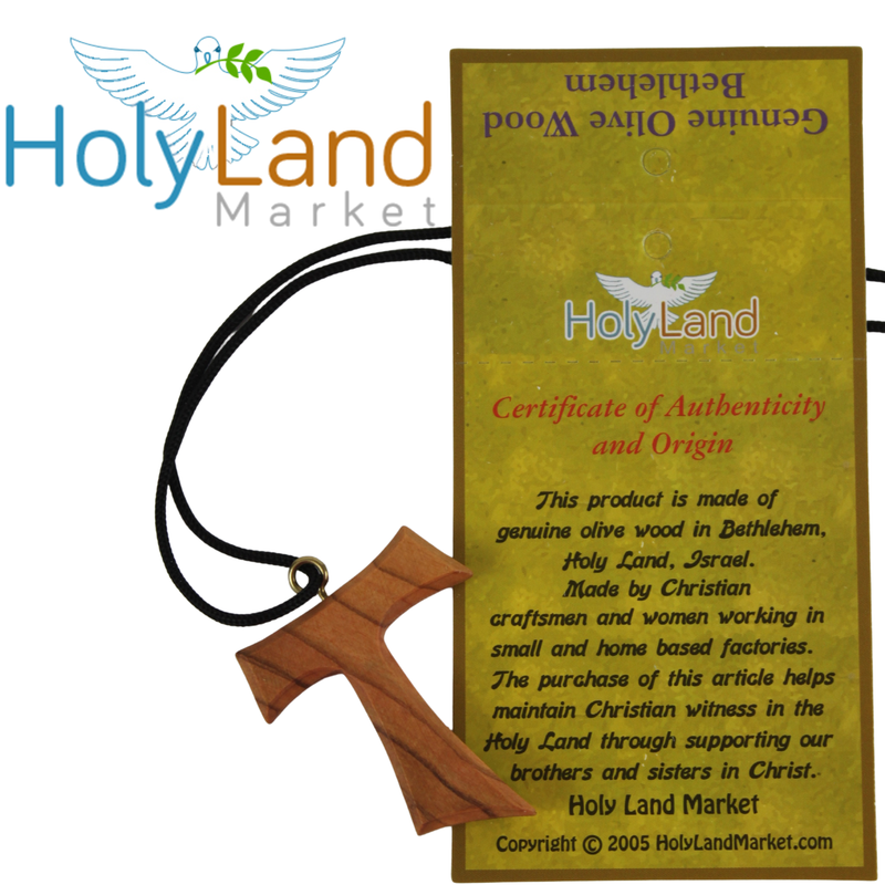 Holy Land Market Hand-Carved Olive Wood Tau Cross Necklace from Bethlehem – Made by Christian Artisans in the Holy Land, with Certificate of Authenticity & Lord’s Prayer Card – Wearable Pendant with 70cm Cord