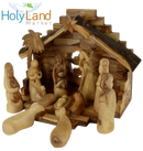 Holy Land Market Traditional Olive Wood Nativity Set - Antique Style Bethlehem Stable, 12 Handmade Pieces - Christmas Decorations Indoor for Christmas Christians, Table Decor with Booklet