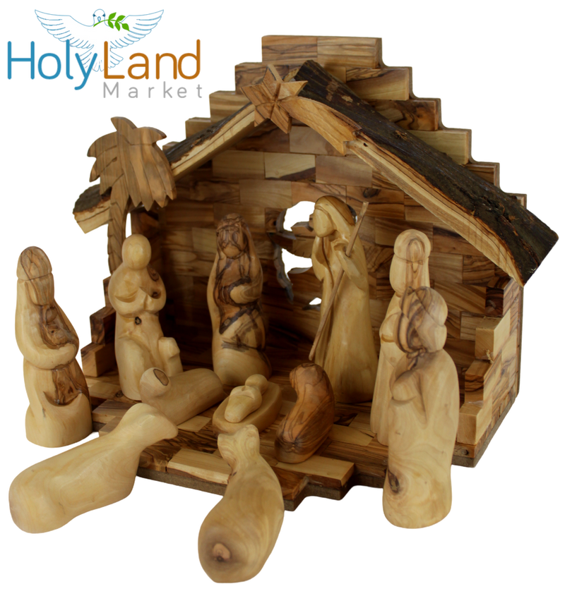 Holy Land Market Traditional Olive Wood Nativity Set - Antique Style Bethlehem Stable, 12 Handmade Pieces - Christmas Decorations Indoor for Christmas Christians, Table Decor with Booklet