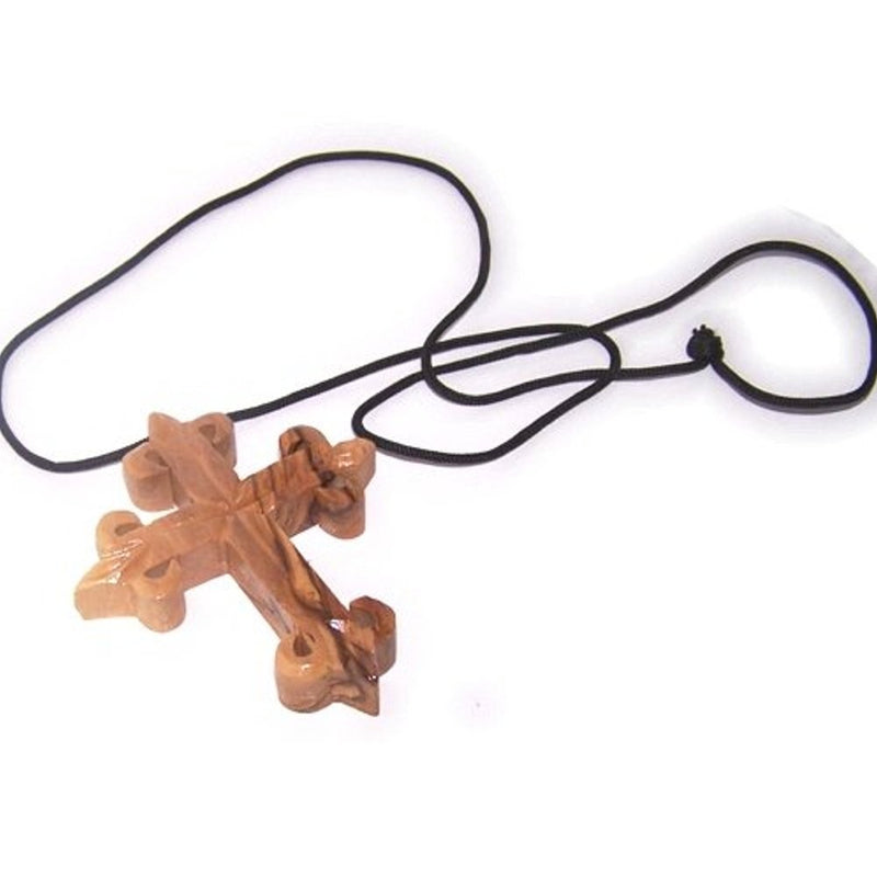 Very Thick hand carved olive wood Fleur-de-lis Cross - necklace - (2.8x2.4x.5 inches) with Certificate