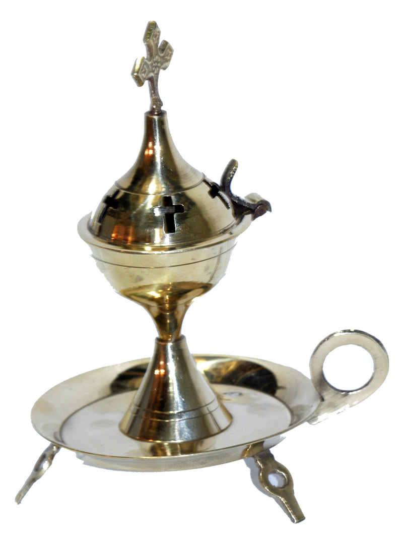 Holy Land Market Light Greek Brass Pedestal Incense Burner with Tray - (15cm or 6 inches Tall)