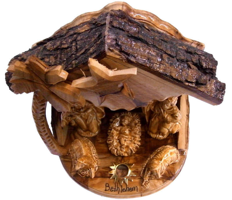 Holy Land Market Musical Olive Wood Nativity Set with Rustic Stable (Bark Roof) - Glued Alabaster Pieces