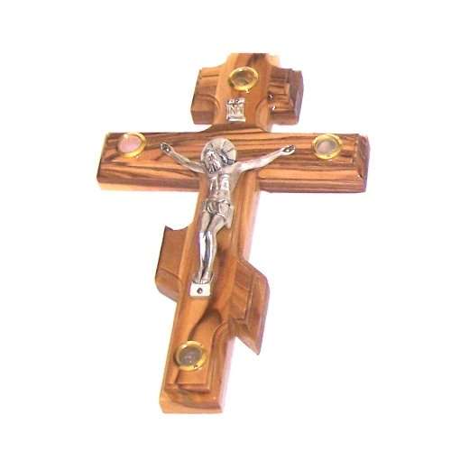 Olive wood patriarchal crucifix with silver corpus and four gold sample capsules