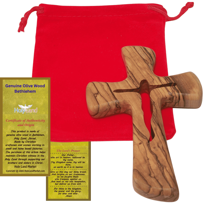 Gran Cruz de Madera de Olivo Tallada a Mano o Cruz de Palma, hecha por cristianos de Belén, el lugar de nacimiento de nuestro Señor Jesús, crucifijo con corpus tallado de 4.7 pulgadas, grueso y tallado por ambos lados, agarre ergonómico en tu mano.