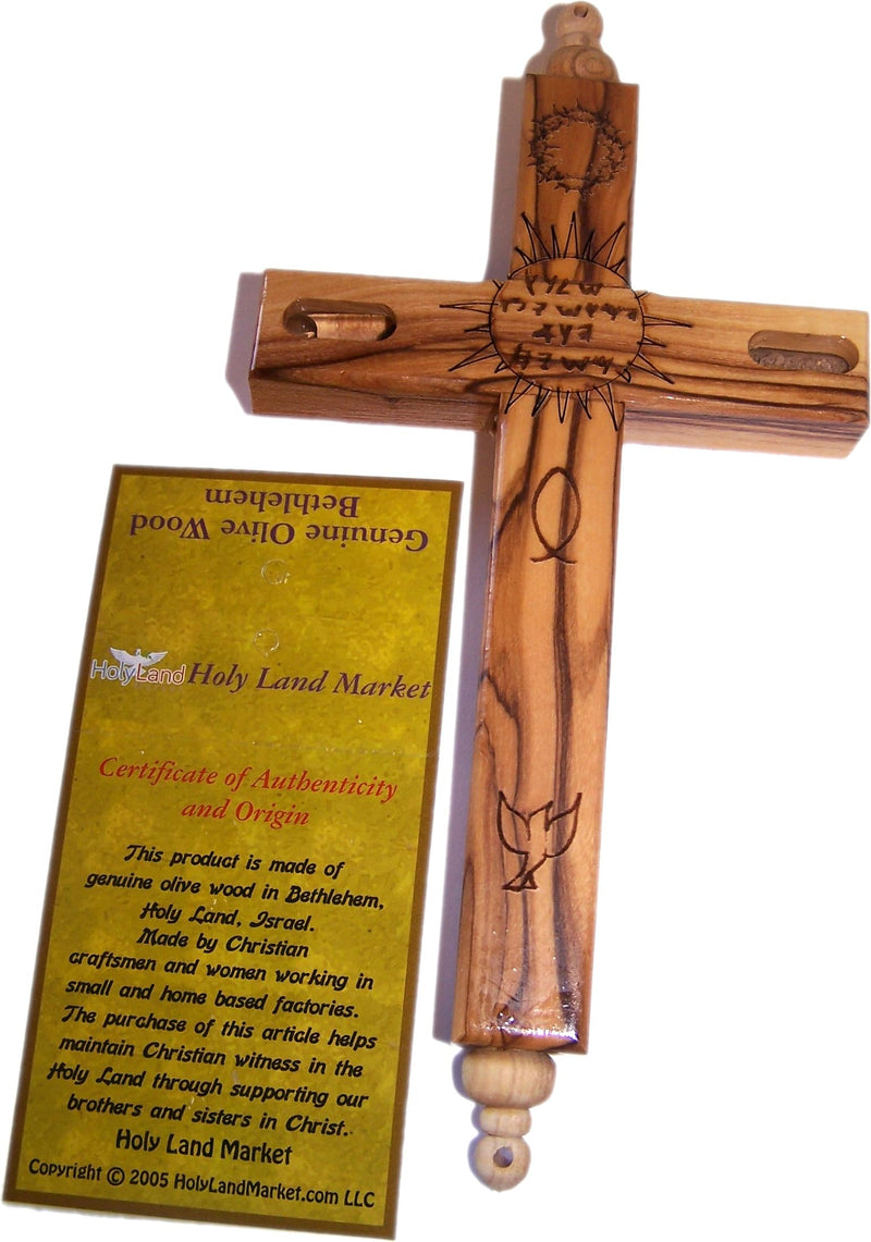 Holy Land Market Hanging Olive Wood Guardian Cross for Family Protection With Biblical Scriptures And Embedded Relics