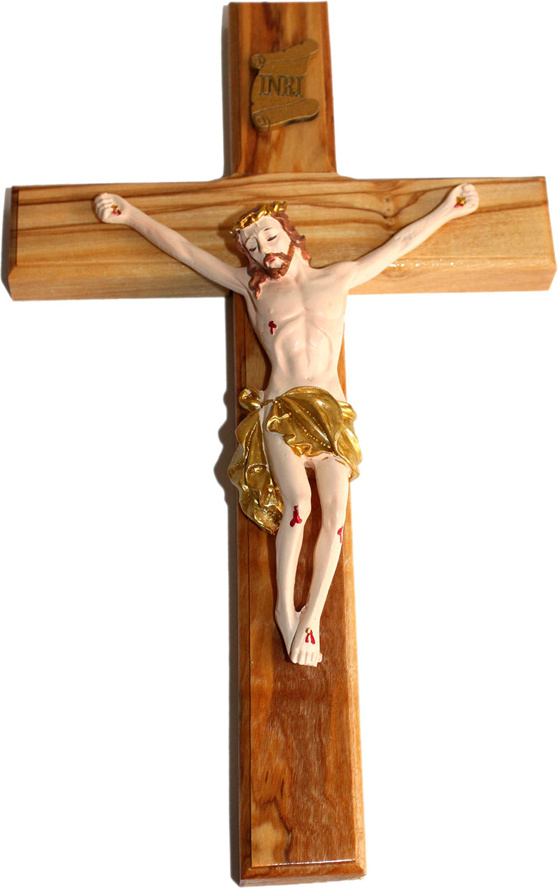 Holy Land Market Olive wood Cross from Bethlehem with a Certificate and Lord prayer card (10 Inch With Resin Crucifix)