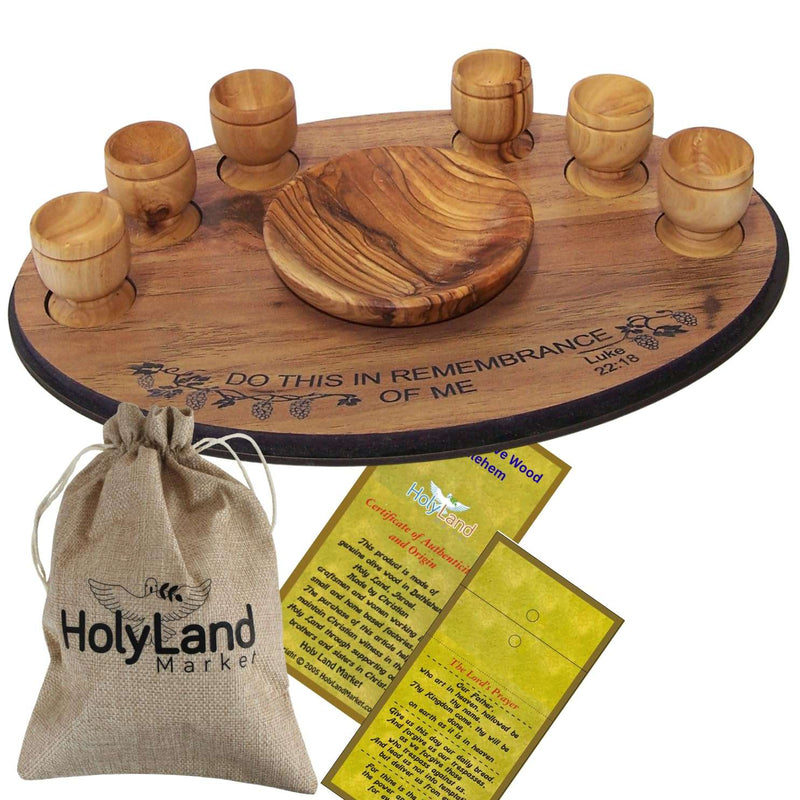 Holy Land Market Olive Wood Communion Cups & Plate Set KIddush & Holding Tray - Communion Set Hand-Carved in Bethlehem – for Church Worship, Pastors & Ministries (Tray + Round Bowl + 6 Small Goblets)