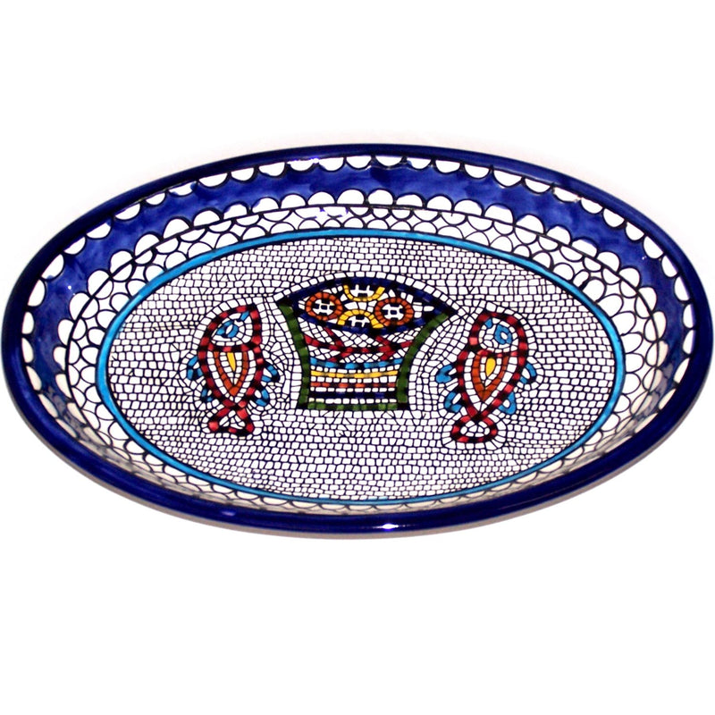 Armenian Hand Painted Fish and Bread Miracle Serving Oval Ceramic Bowl - Extra Large (15.5 Inch Long by 10.5 Inches Wide by 1.5 Inches deep) - Asfour Outlet Trademark