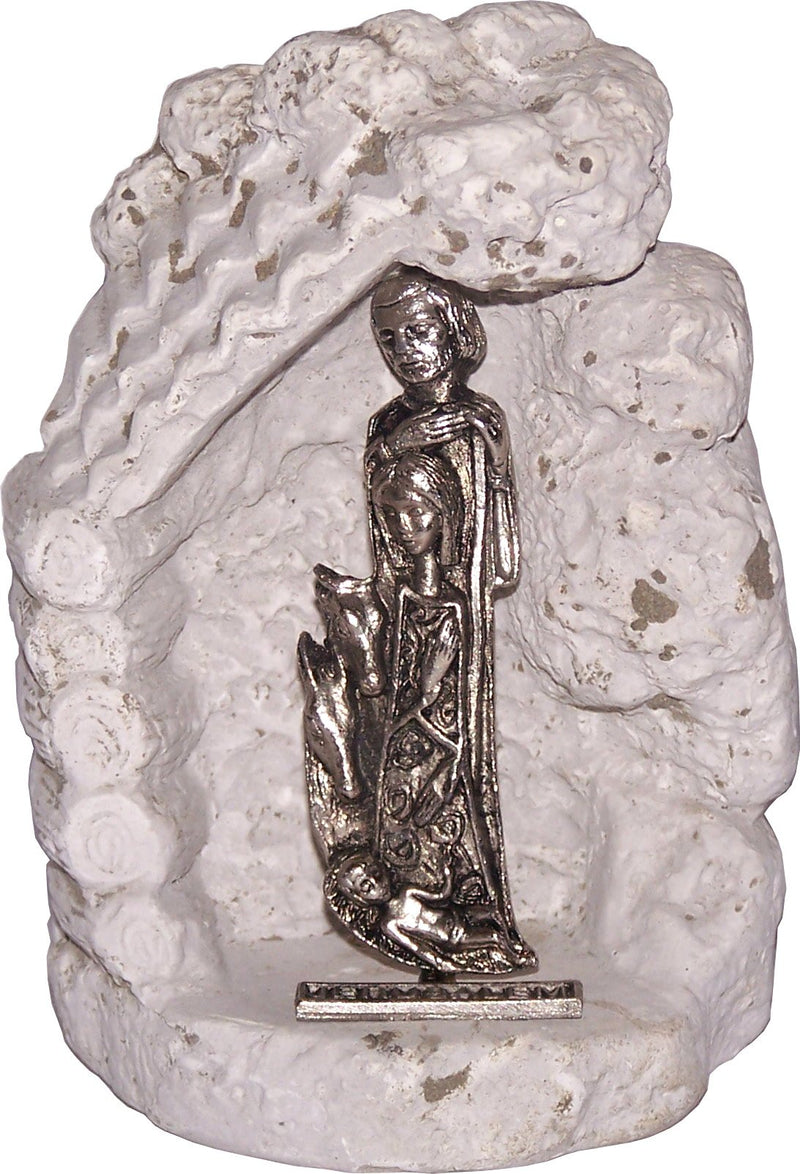 Pewter Nativity in modern style inside sculptured resin cave - from the Holy Land