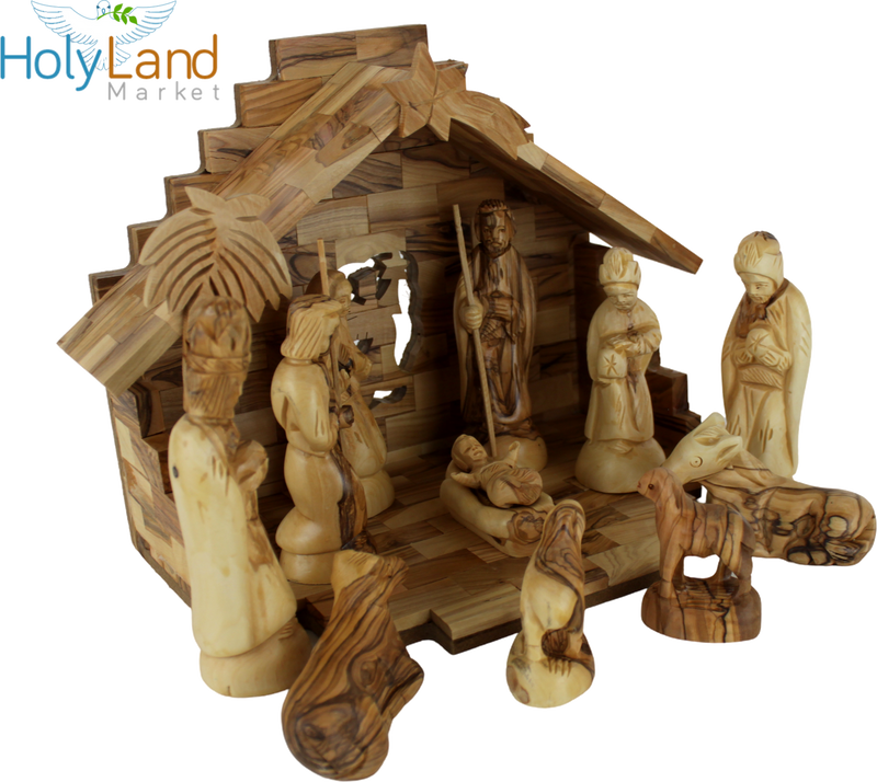 Holy Land Market Christmas Decorations Indoor - Inspirational Deluxe Olive Wood Nativity Set, Hand Carved by Christian Artisans in Bethlehem, Perfect Christmas Table Decor, 12 Piece Set