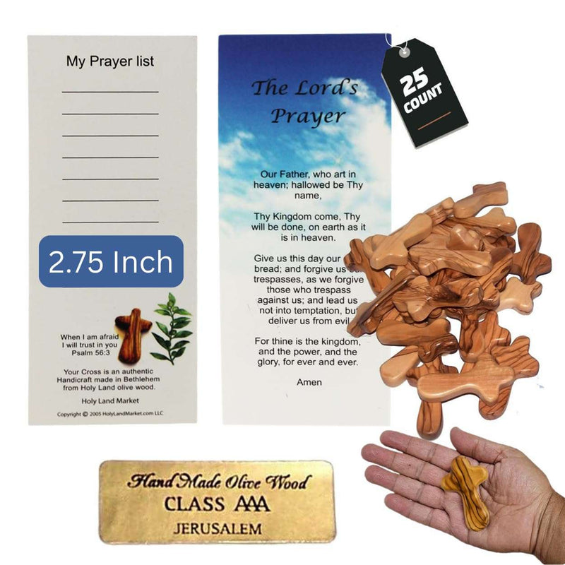 Twenty-five olive wood pocket crosses with prayer cards and Jerusalem plaque
