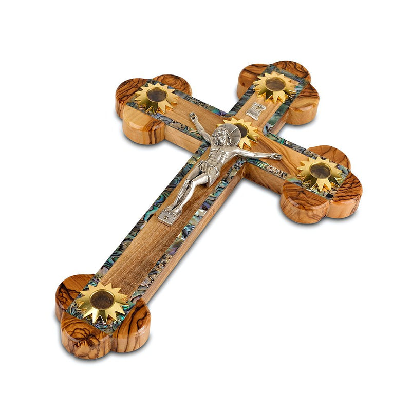 Holy Land Market Mother of Pearl Plated 14 Stations Wall Wood Cross Crucifix with Holy Essences Made of Olive Wood ( 10.5 Inches )