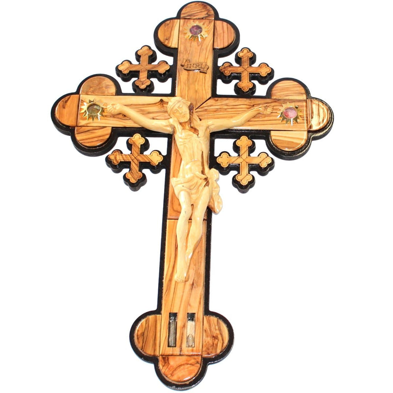 Layered olive wood Cross carved by Laser with Holy Land samples - standing or hanging (20 inches or 50 cm) Extra Large