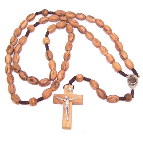 Long Threaded olive wood Rosary with 12mm oval beads and Soil Center - Velvet...