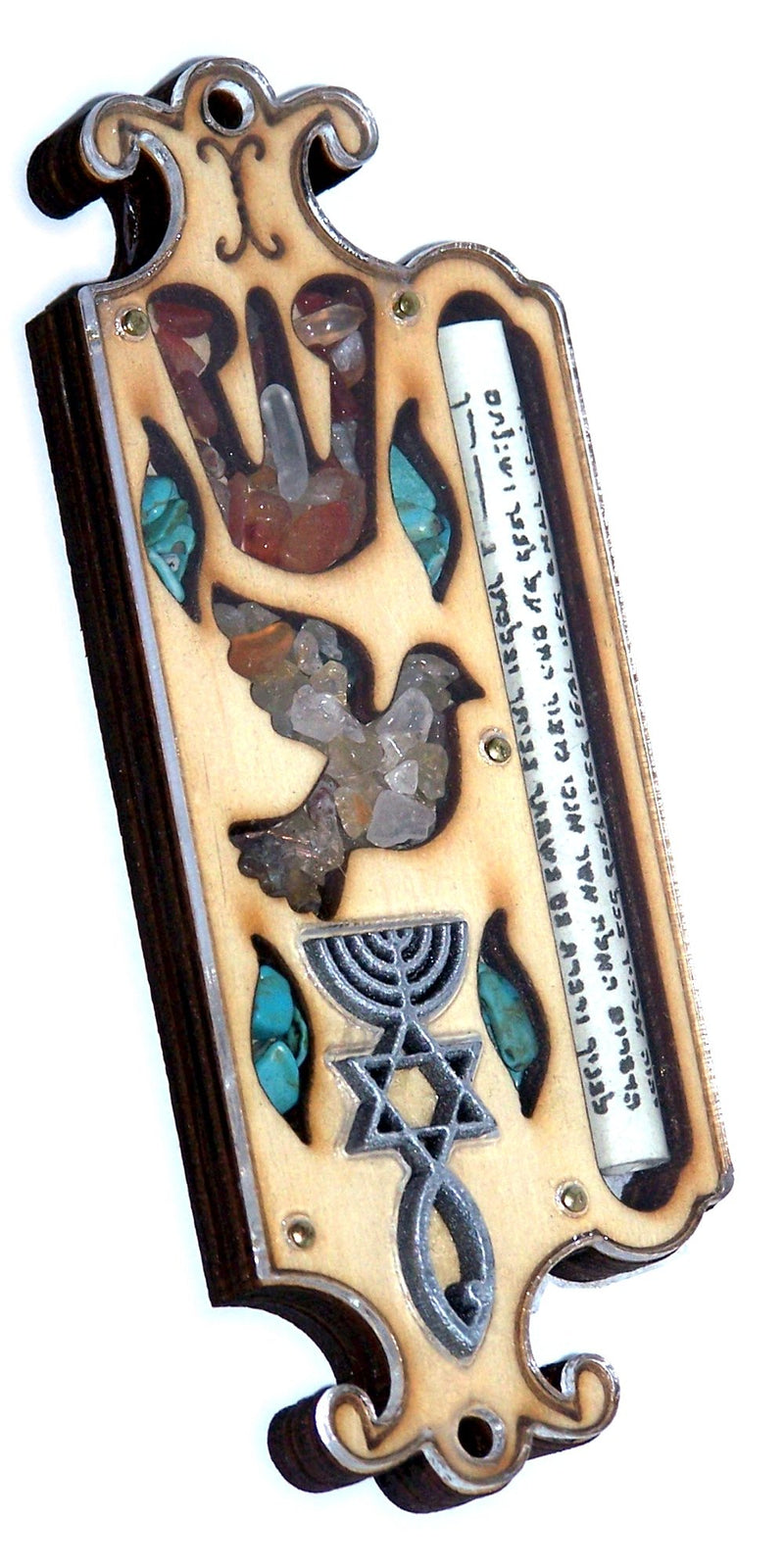 Wooden Messianic Seal Mezuzah case with Messianic Seal - 5 Inch with Scroll and Jerusalem Stones