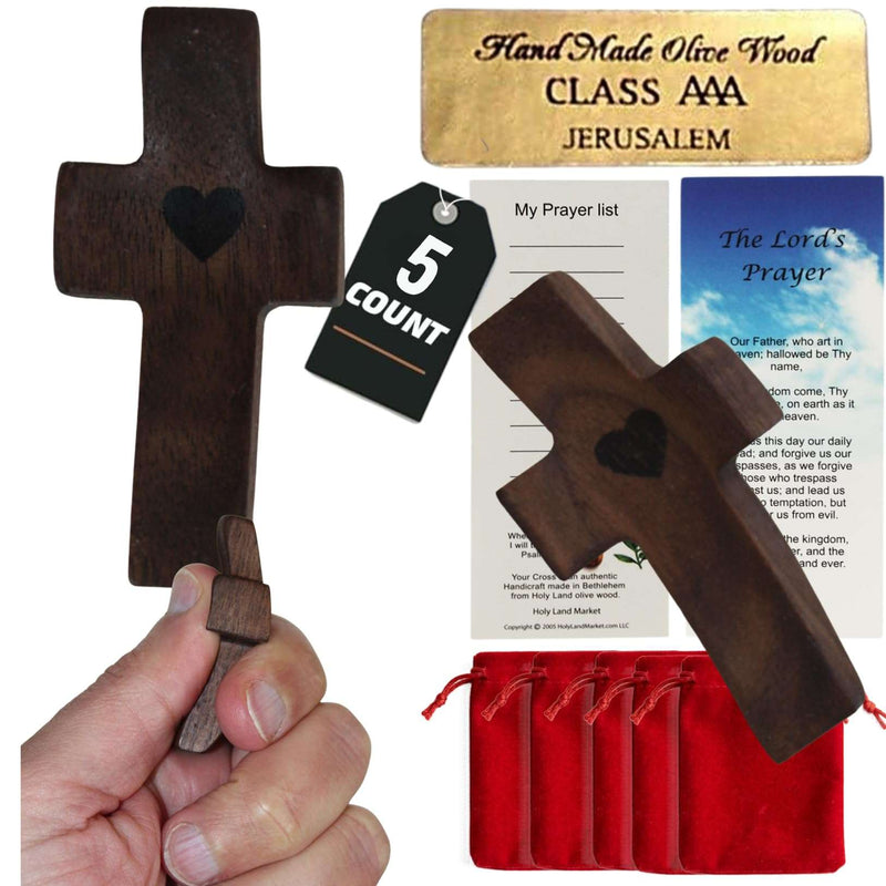 Set of 5 Walnut pocket worry crosses from Bethlehem with certificate and velvet pouch