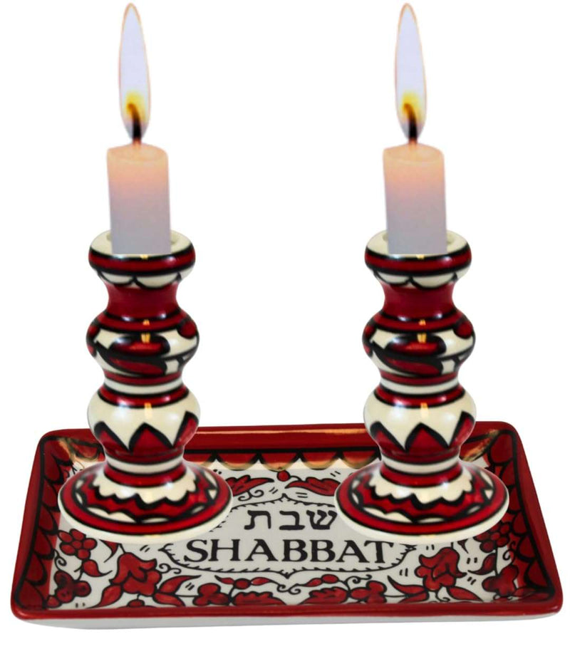 Shabbat Candlesticks Set - Colorful Ceramic Shabbat Candle Holders Set with Matching Plate for Holidays