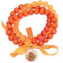 Elastic three bracelets in one Bracelet with our Lady of Guadalupe medal - All orange (8mm beads)