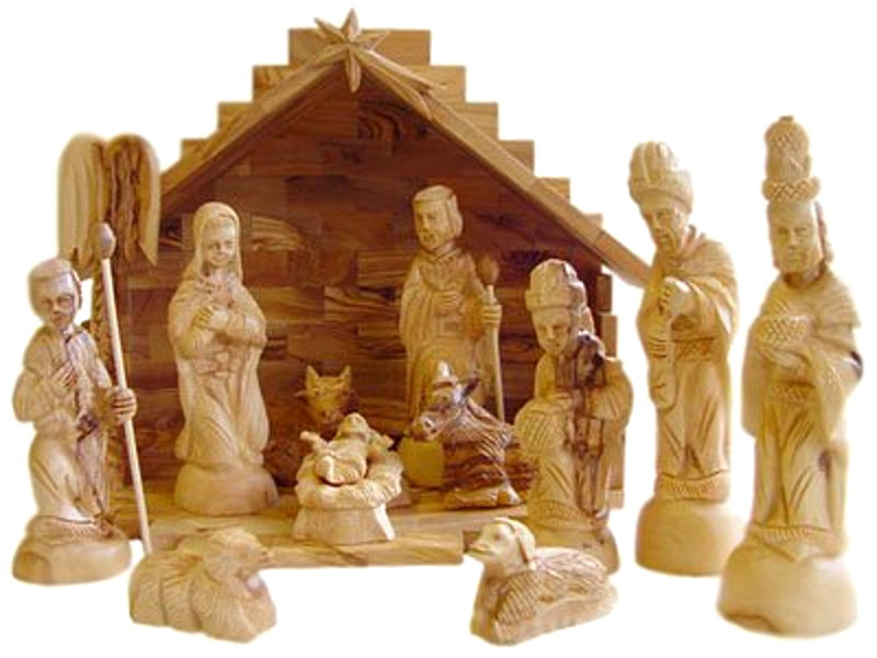 Holy Land Market Olive Wood Nativity Set with Stable. Deluxe (15 Piece Set)